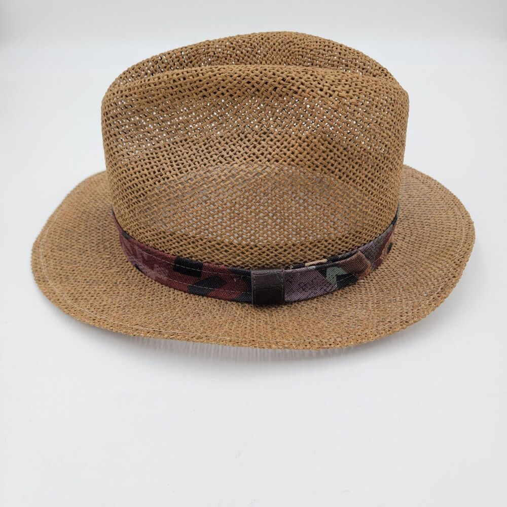 Bollman Men Medium USA Vintage Classic Fedora Brown Straw Hat Colorful Band